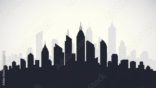 City Skyline Silhouette against White Background, Skyscrapers, Urban Landscape and Modern Architecture