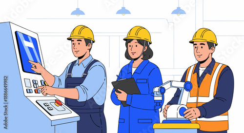 Skilled factory workers operating machinery and a robotic arm, a detailed vector illustration of modern industrial manufacturing and automation