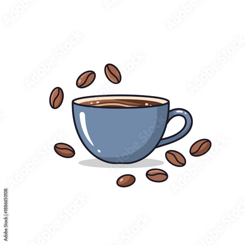 Cup of Coffee with Falling Beans, Morning Beverage, Isolated on White