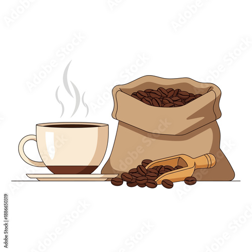 Hot Coffee Cup and Sacks of Roasted Coffee Beans with Wooden Scoop