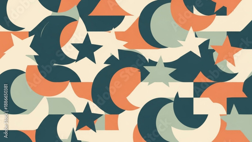 Seamless Pattern with Moon and Stars in Dark Blue and Orange on Beige Background
