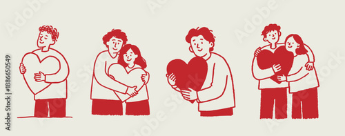 Hand drawn doodle couples holding hearts together for valentine love romance and relationship illustration background