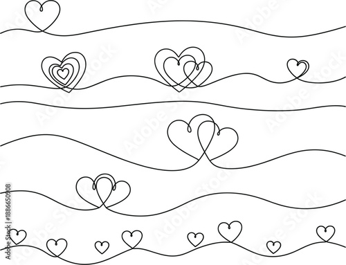 Minimalist continuous one line heart dividers and wavy border set for romantic wedding invitation, Valentine Day greeting card, and elegant love theme feminine stationery design.