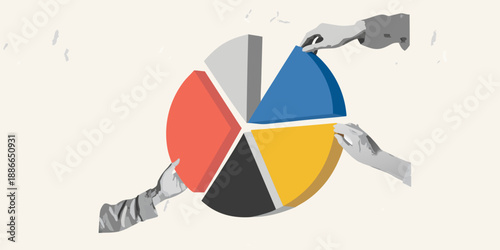 Hands manipulating a colorful pie chart representing data and collaborative analysis