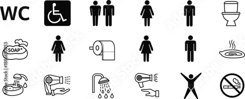 Set of black and white restroom icons including male female disabled access toilet paper soap shower hair dryer and no smoking signs.