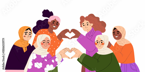 Diverse group of women forming heart shapes with their hands illustration