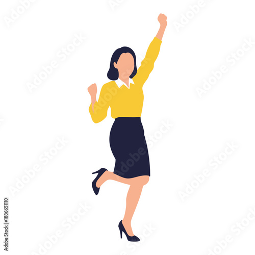 Cheerful cartoon woman in yellow top and dark skirt jumping with joy.