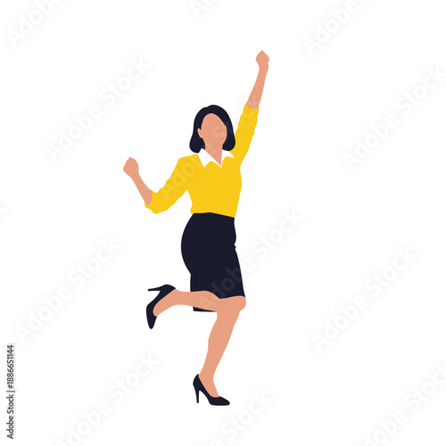 Joyful woman in yellow blouse leaps with celebration and style.
