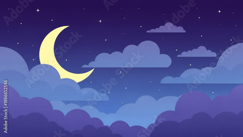 Crescent Moon Shining Brightly in Night Sky with Clouds, Stars and Mountains, Vector Illustration