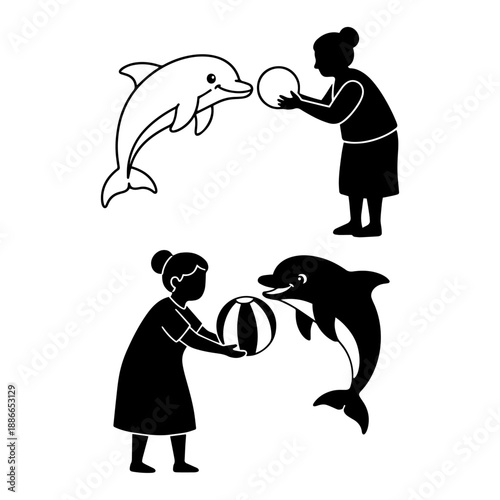 dolphin fish playing with ball old lady