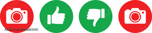 Set of flat round circular icons featuring white camera symbols on red and thumbs up down rating signs on green background.