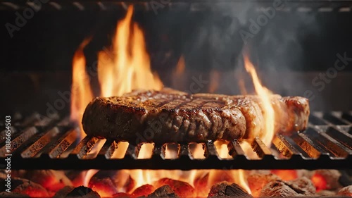 Close up of food cooking on a grill with flames and smoke