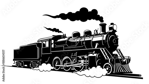 Vintage steam train illustration in black and white classic locomotive design.