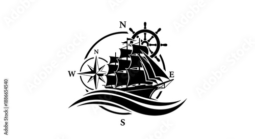 Vintage Tall Ship Sailing with Compass and Wheel.