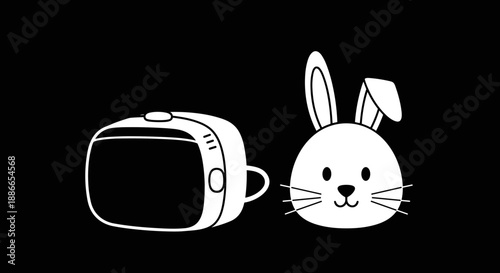 Virtual Reality Headset Next to Cute Bunny Face Illustration.