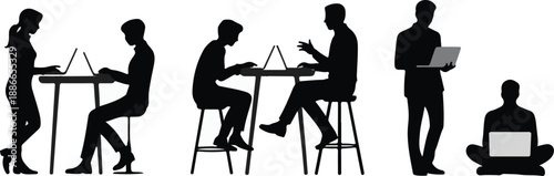 Collection of silhouetted people in various professional settings depicting meetings working and using laptops and computers