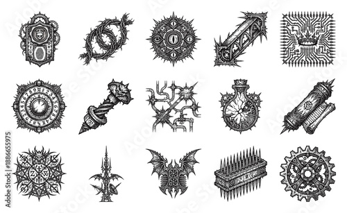 Dark Fantasy Engraving Gothic Bio-Mechanical Elements Collection for Esoteric Worldbuilding and Concept Art