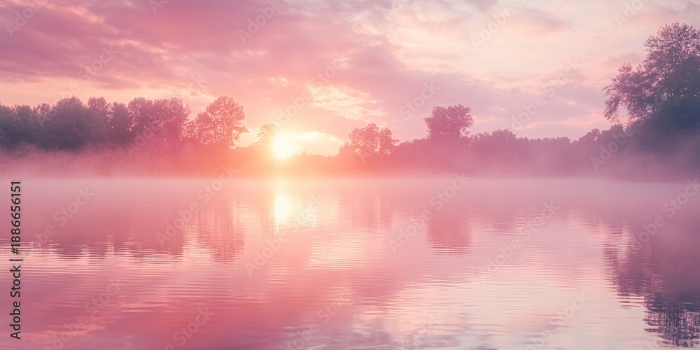 Obraz premium Tranquil, Muted Radiance Across a Serene Lake at Sundown with Soft Hues of Pink and Violet Mist