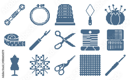 Pixel Art Sewing and Embroidery Supply Element Kit for Retro Crafting and Hobby Workshop Projects