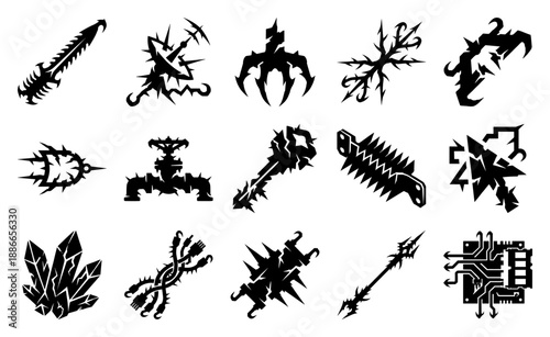 Aggressive Sharp Edge Tech Elements Graphic Set for Sci-Fi Dystopian Cyberpunk Game Interface