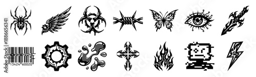 Cyber-Gothic Y2K Cyberpunk Aesthetic Graphic Element Kit for Neo-Tribal Streetwear Design