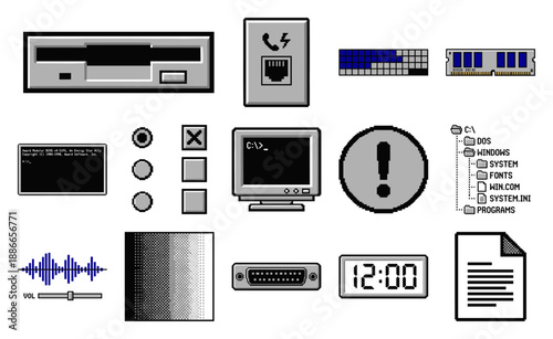 Retro Pixel Art 90s Computing Hardware and User Interface Icon Set for Vintage Technology Design