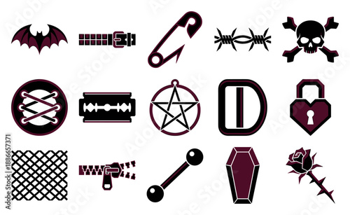 Flat Vector Goth Aesthetic Symbol Asset Sheet for Alternative Fashion and Emo Subculture Graphics
