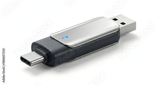 dual connector usb flash drive with type-c and type-a ports isolated on white background
