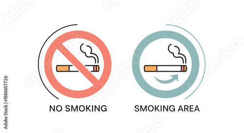 Public health safety signs for no smoking prohibition and designated smoking area zones with cigarette icons on white.