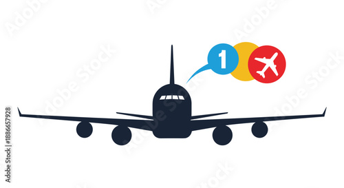 Dark silhouette of large airplane with colorful notification icons for flight booking and travel service applications.