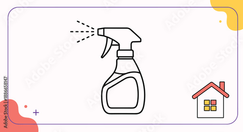 Cleaning spray bottle icon with house symbol for domestic hygiene and professional housekeeping services concept.