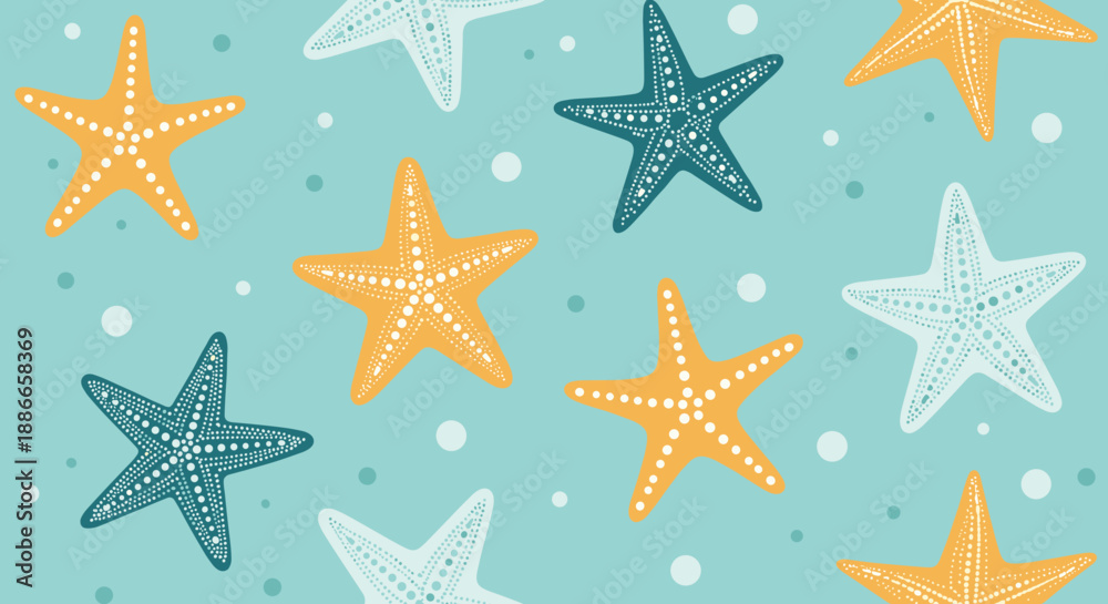 Fototapeta Seamless marine pattern with colorful starfish and bubbles on light blue background for beach and ocean themes.
