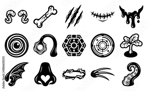 Flat Vector Occult Biological Mutations Graphic Element Kit for Dark Fantasy Game UI and Horror Design