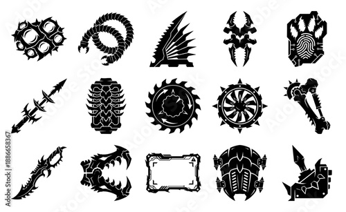Stencil Blackwork Bio-Mechanical Organic Weaponry Asset Sheet for Dark Sci-Fi Fantasy Game Development