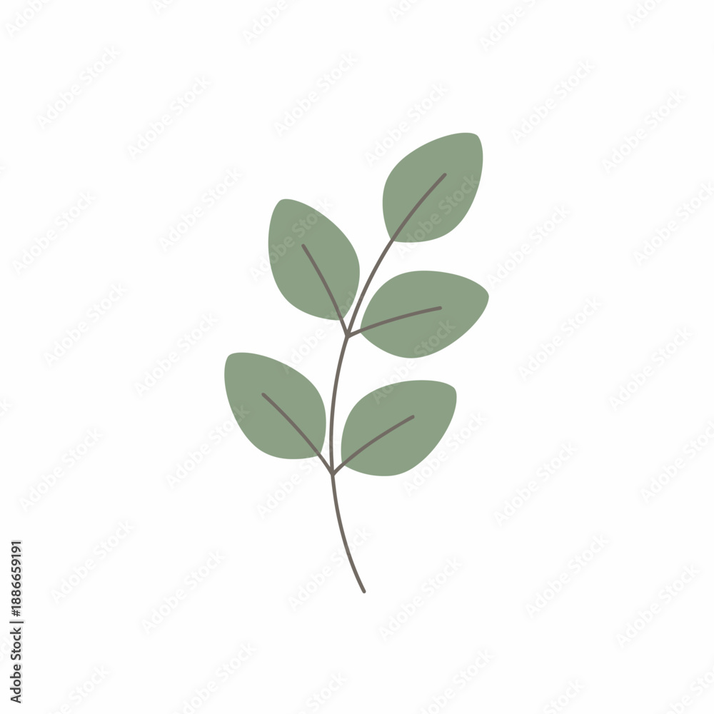 Fototapeta premium Stylized green sprig with five oval leaves on a white background