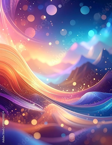 Vibrant abstract landscape with swirling colors and bokeh lights