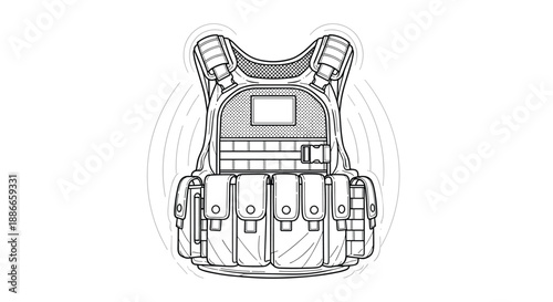 Detailed technical line drawing of a military tactical vest equipped with multiple pouches, straps, and protective padding.