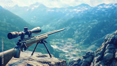 Sleek sniper rifle with a modern scope placed on a mountain ledge overlooking a vast landscape emphasizing long range precision and patience
