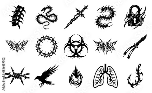 Neo Tribal Cyberpunk Tattoo Graphic Element Kit for Dark Aesthetic Streetwear Branding