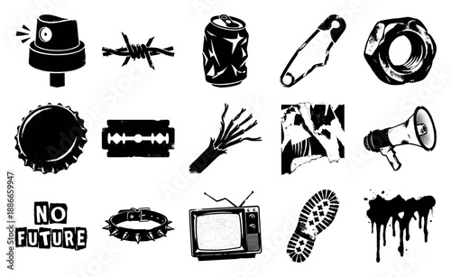 Grungy Punk Rock Aesthetic Element Kit for Underground Music and Alternative Streetwear Design