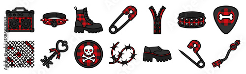 Flat Vector Punk Rock Aesthetic Graphic Set for Alternative Grunge Fashion and Goth Creative Projects