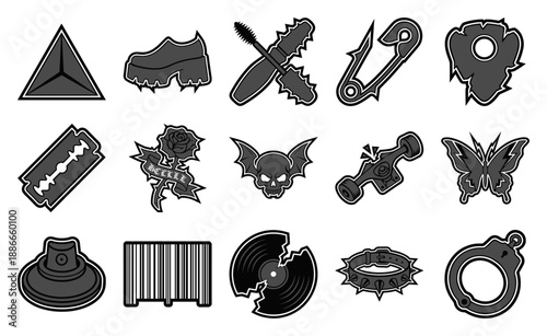 Grungy Alt-Fashion Vector Graphic Element Kit for Y2K Grunge and Punk Subculture Design