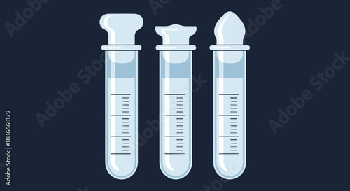 Set of three laboratory test tubes filled with clear liquid and topped with different shaped stoppers on a dark background.