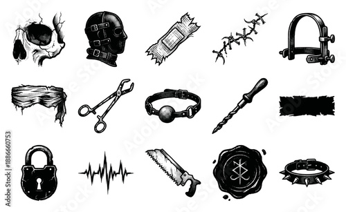 Vintage Engraving Macabre Horror Element Kit for Gothic Dark Aesthetic Design and Alternative Subculture Graphics