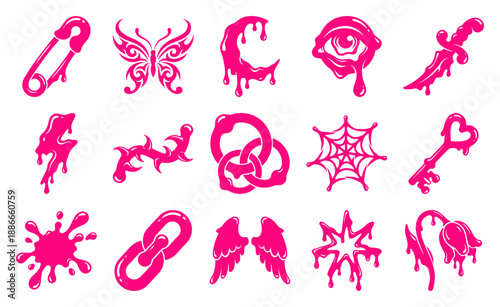 Cyber Y2K Grunge Aesthetic Melting Pink Element Kit for Alternative Streetwear and Digital Scrapbooking