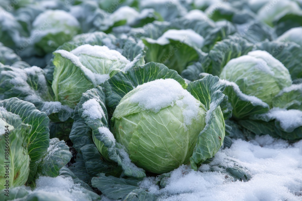 Fototapeta premium Snow blankets a patch of white cabbage