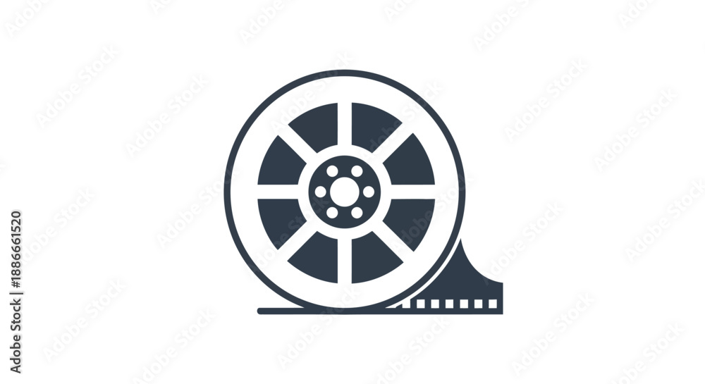 Fototapeta premium Stylized graphic icon of a classic film reel with film strip, representing motion pictures, cinema entertainment, and video production media concepts