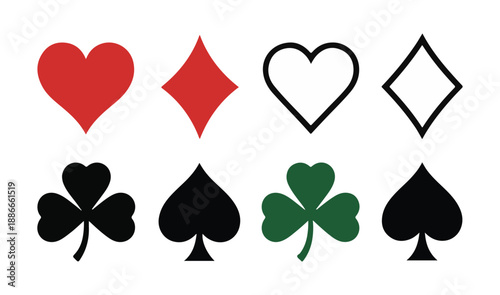 Playing card suits and clover leaf symbols in solid and outline styles for casino game layout and design