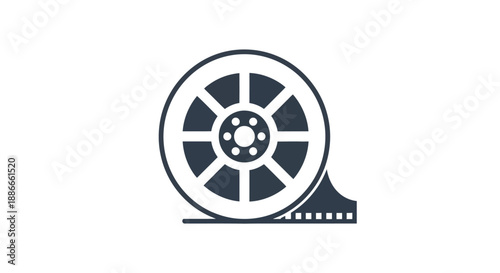 Stylized graphic icon of a classic film reel with film strip, representing motion pictures, cinema entertainment, and video production media concepts