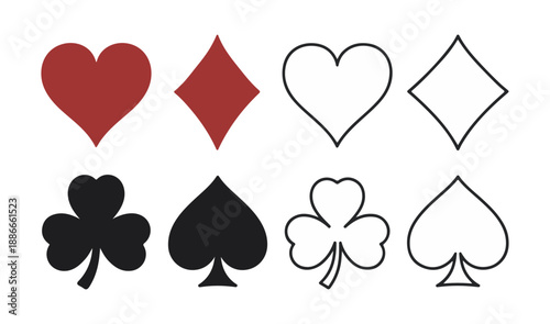 Casino card suit icons including clover and heart symbols with various outline and solid color variations